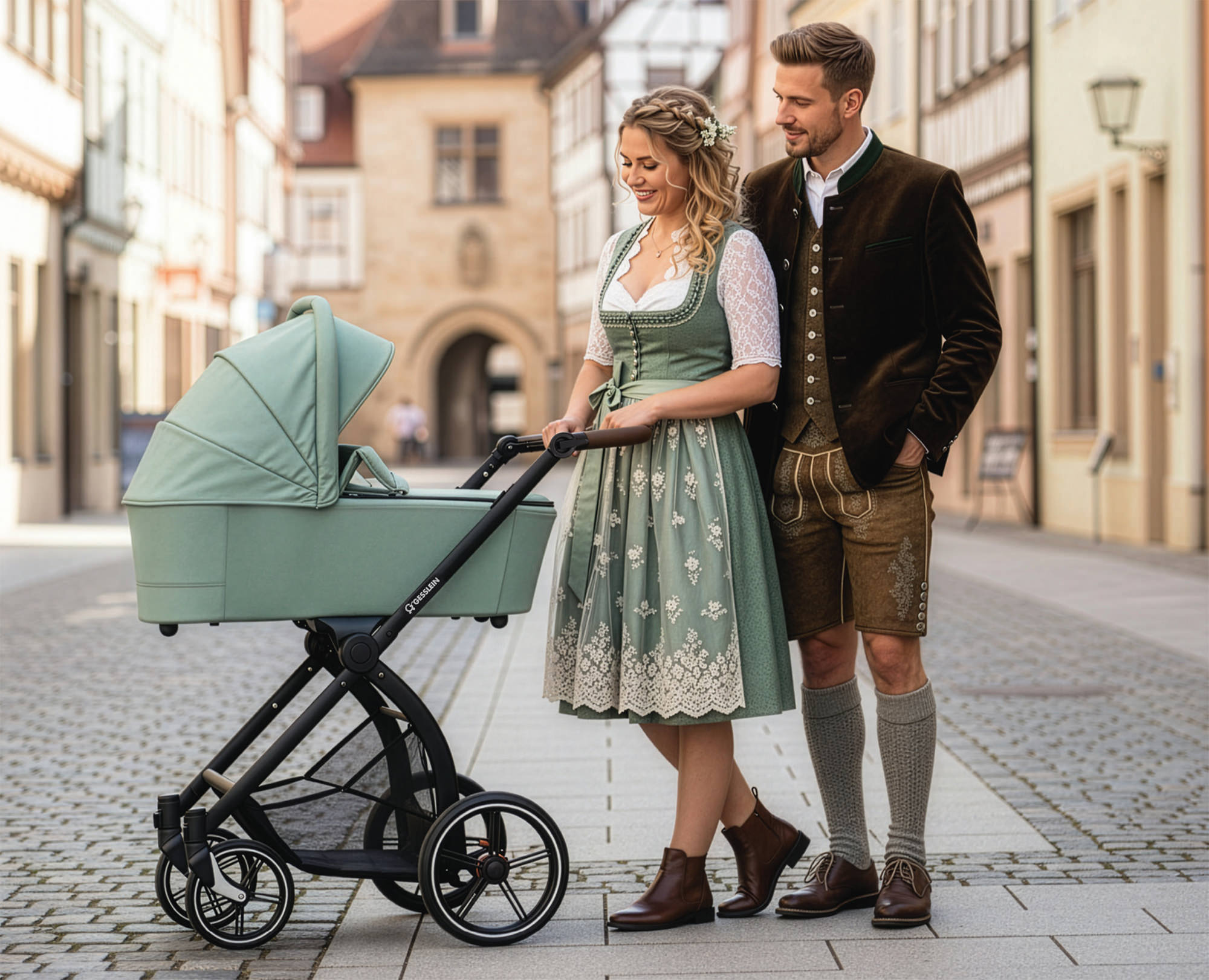 GESSLEIN FX4 mit Panorama Lyx Design 689689 in der Altstadt GESSLEIN FX4 mit Panorama Lyx Babywanne Design 689689 und Eltern in Tracht in der Altstadt