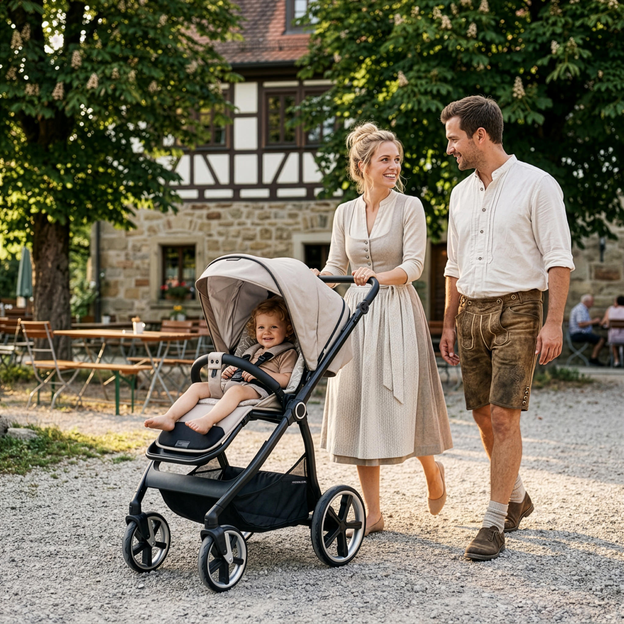 GESSLEIN INDY M2 Swing Design 660660 beim Familienausflug GESSLEIN INDY M2 Swing Design 660660 mit Kind und Eltern in Tracht im Biergarten